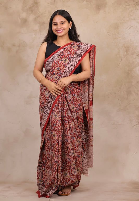 Red Hand Block Printed Kalamkari Cotton Saree | Looms & Tassels