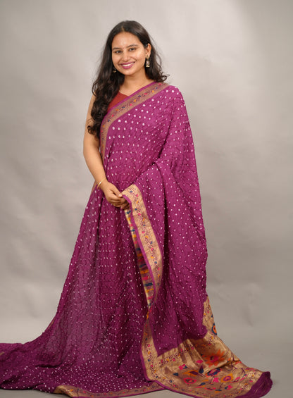 Magenta Handcrafted Bandhani Paithani Dola Silk Saree | Looms & Tassels