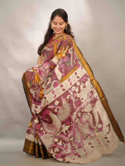 Dusty Maroon Kanchi border Kalamkari Chennur Silk Saree | Looms & Tassels