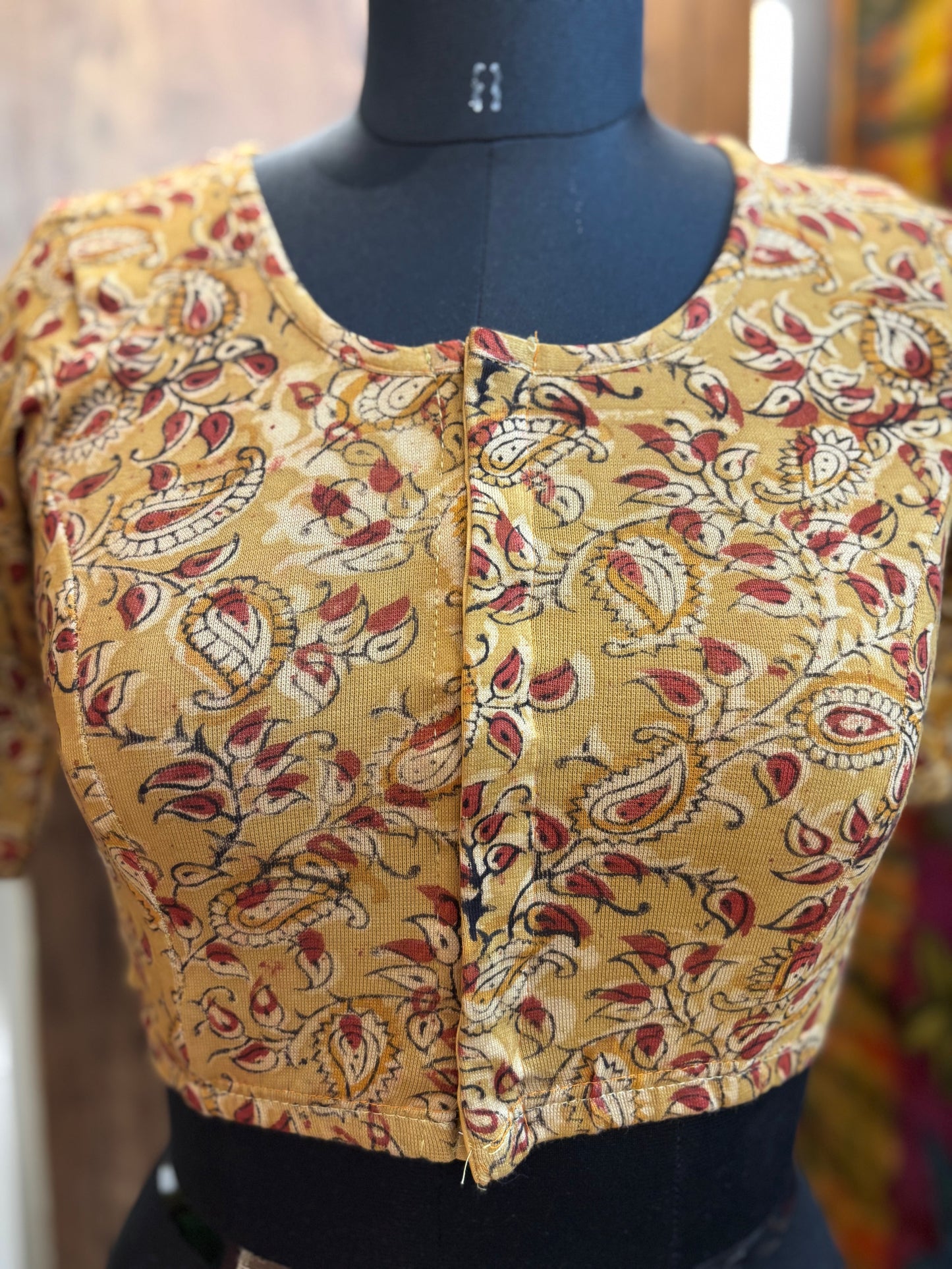 Round neck Stretchable Hand block printed kalamkari blouse with front hooks