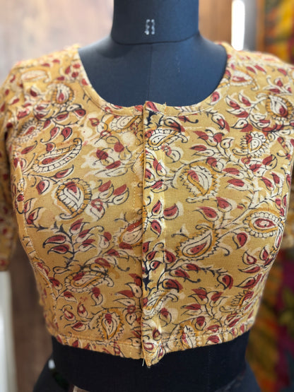 Round neck Stretchable Hand block printed kalamkari blouse with front hooks