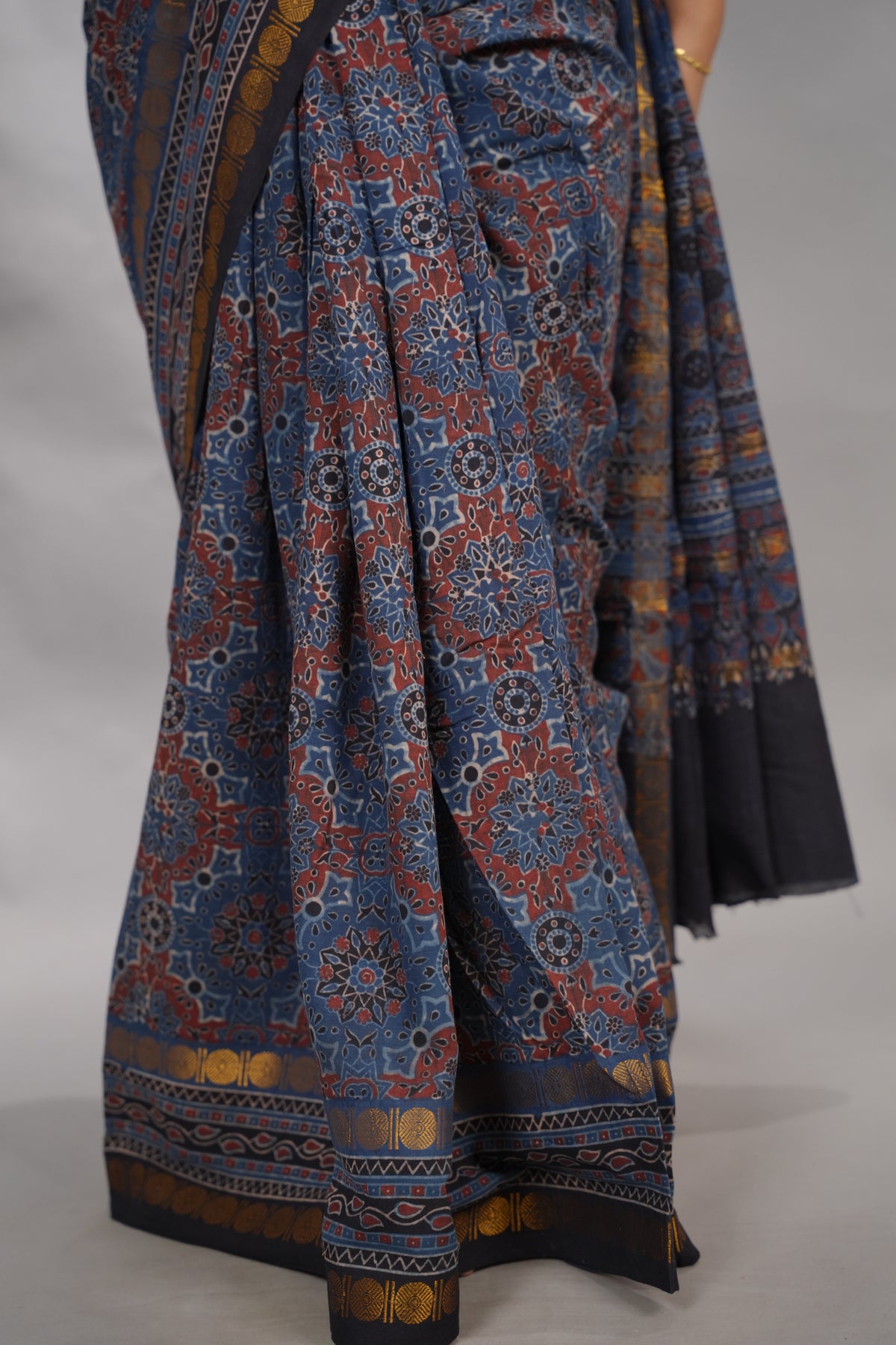 Indigo Ajrakh Hand Block Printed Sungudi Cotton Saree | Looms & Tassels