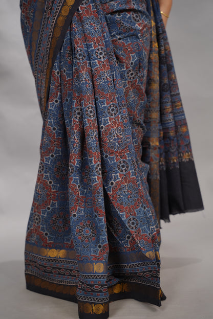 Indigo Ajrakh Hand Block Printed Sungudi Cotton Saree | Looms & Tassels