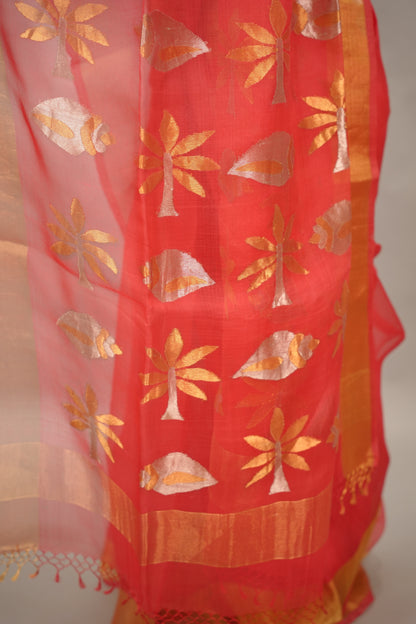 Orange Handloom Muslin Silk Saree With jamdhani weaving | Looms & Tassels