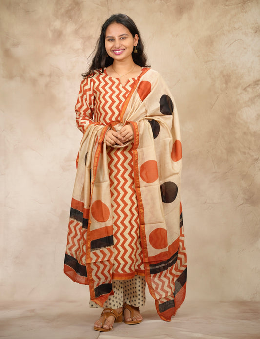 Handblock printed Pure Chenderi Silk 3 piece suit (stitched) |  Looms & Tassels
