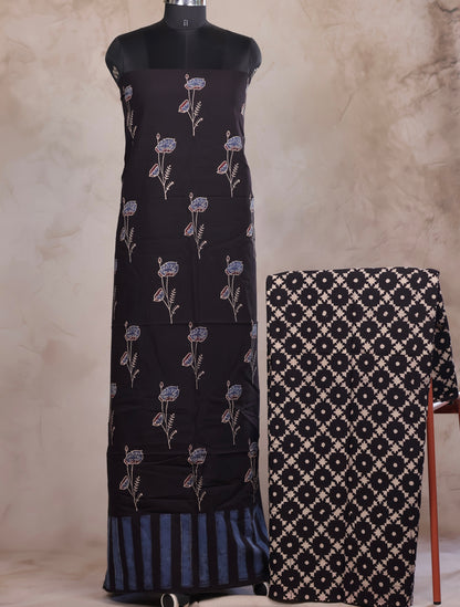 Black Ajrakh Handblock Printed Pure Cotton 2 Piece Suit Set | Looms & Tassels