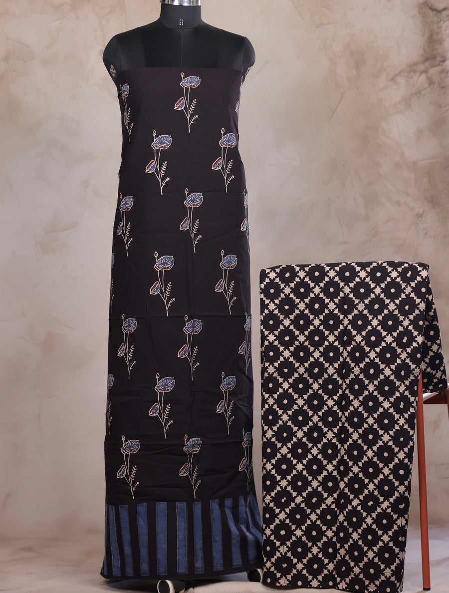 Black Ajrakh Handblock Printed Pure Cotton 2 Piece Suit Set | Looms & Tassels