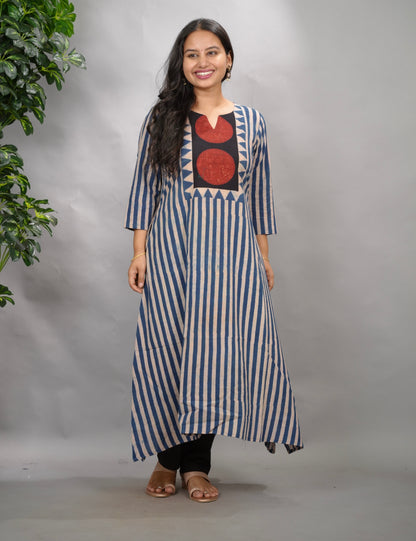 Blue Ajrakh Pattern Hand Block printed Aline Kurti | Looms & Tassels