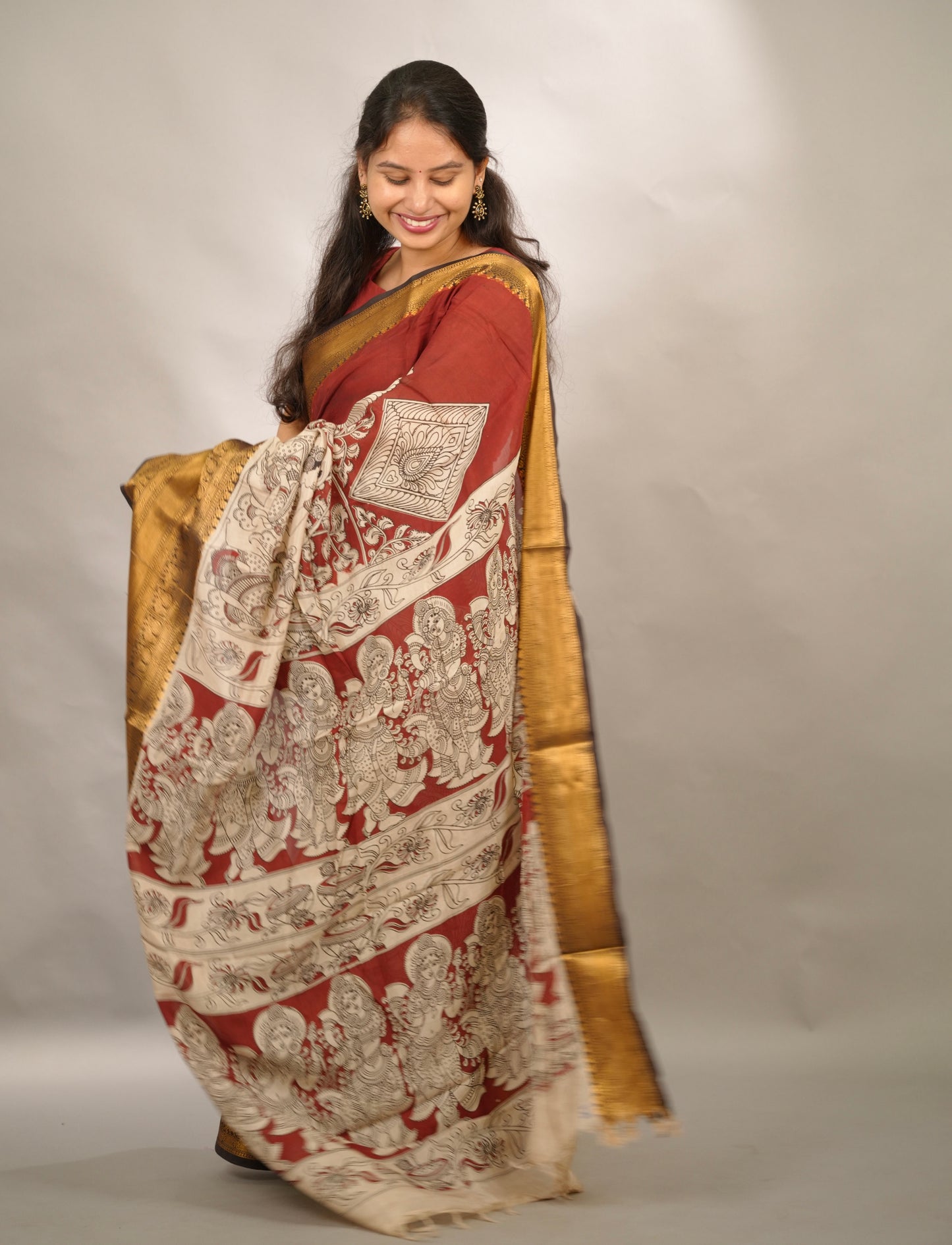 Red Kanchi border Kalamkari chennur silk saree| Looms & Tassels