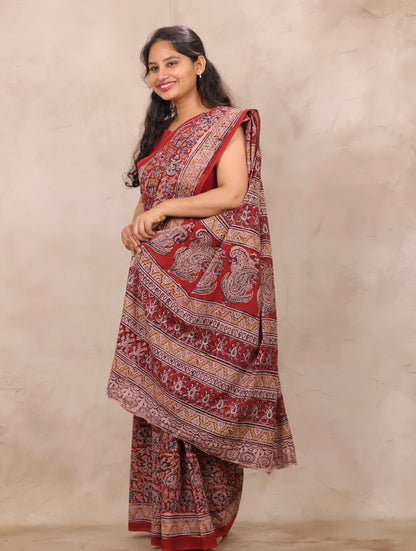 Red Hand Block Printed Kalamkari Cotton Saree | Looms & Tassels