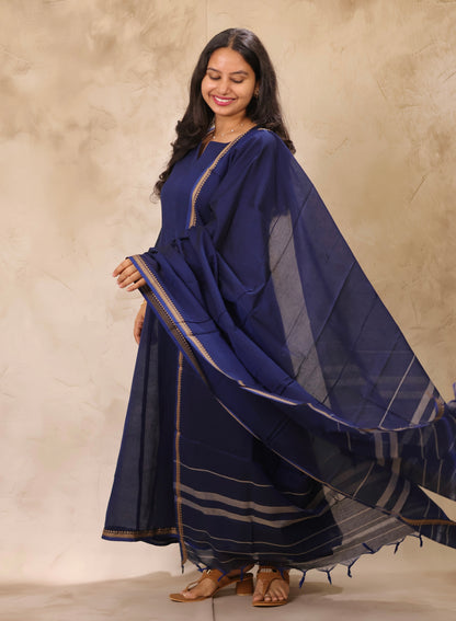 Blue Narayanpet Cotton Kali Kurta with Narayanpet Dupatta | Looms & Tassels