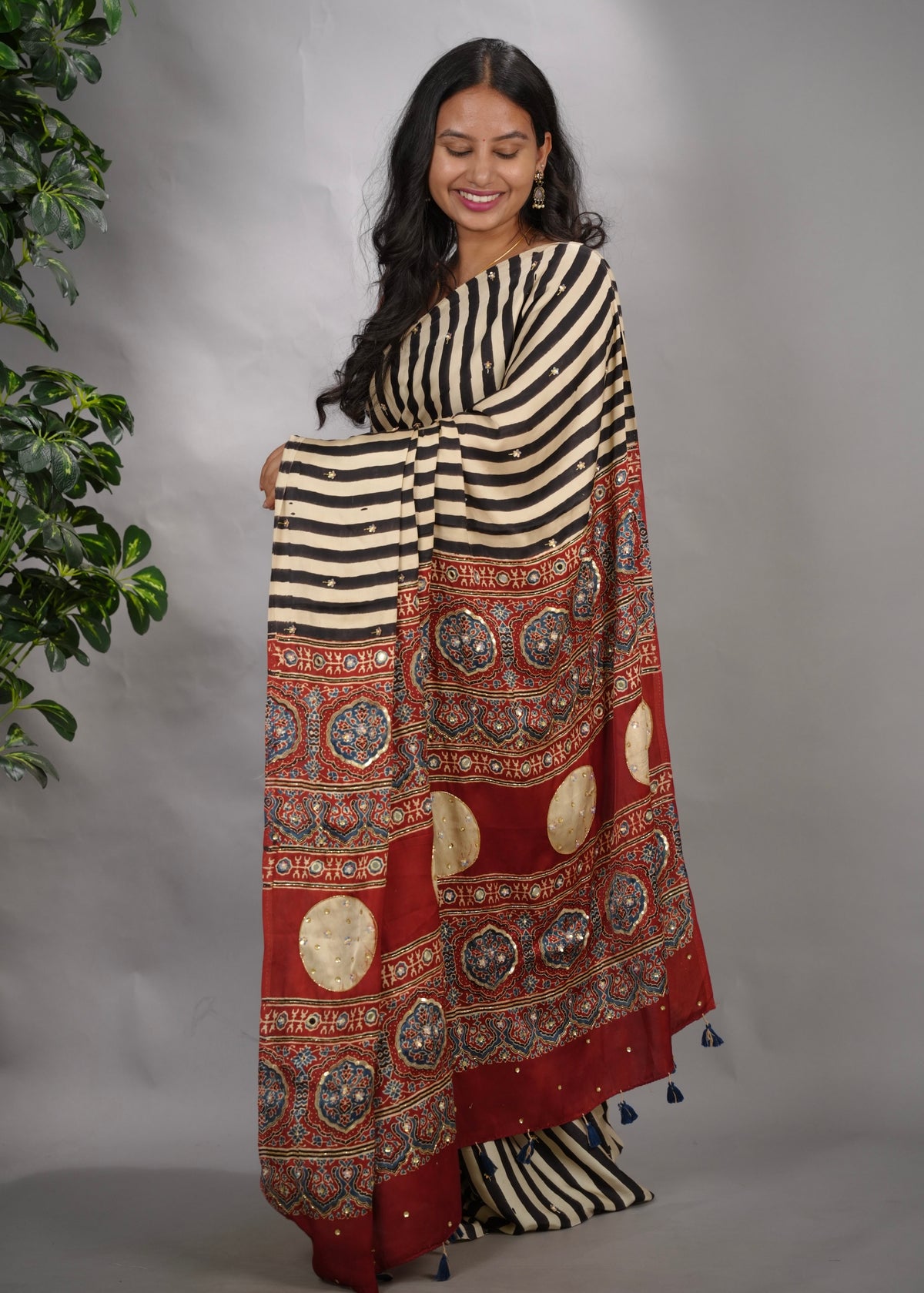 Cream Ajrakh Modal Silk Hand Embroidery Saree | Looms & Tassels