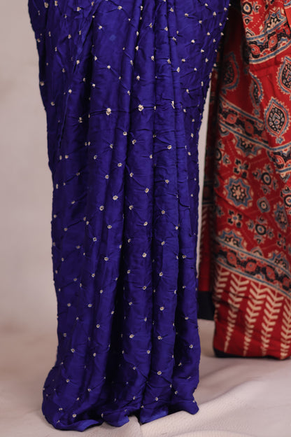 Royal Blue Hand Knotted Bandhej Modal Silk Saree with Ajrakh Pallu | Looms & Tassels