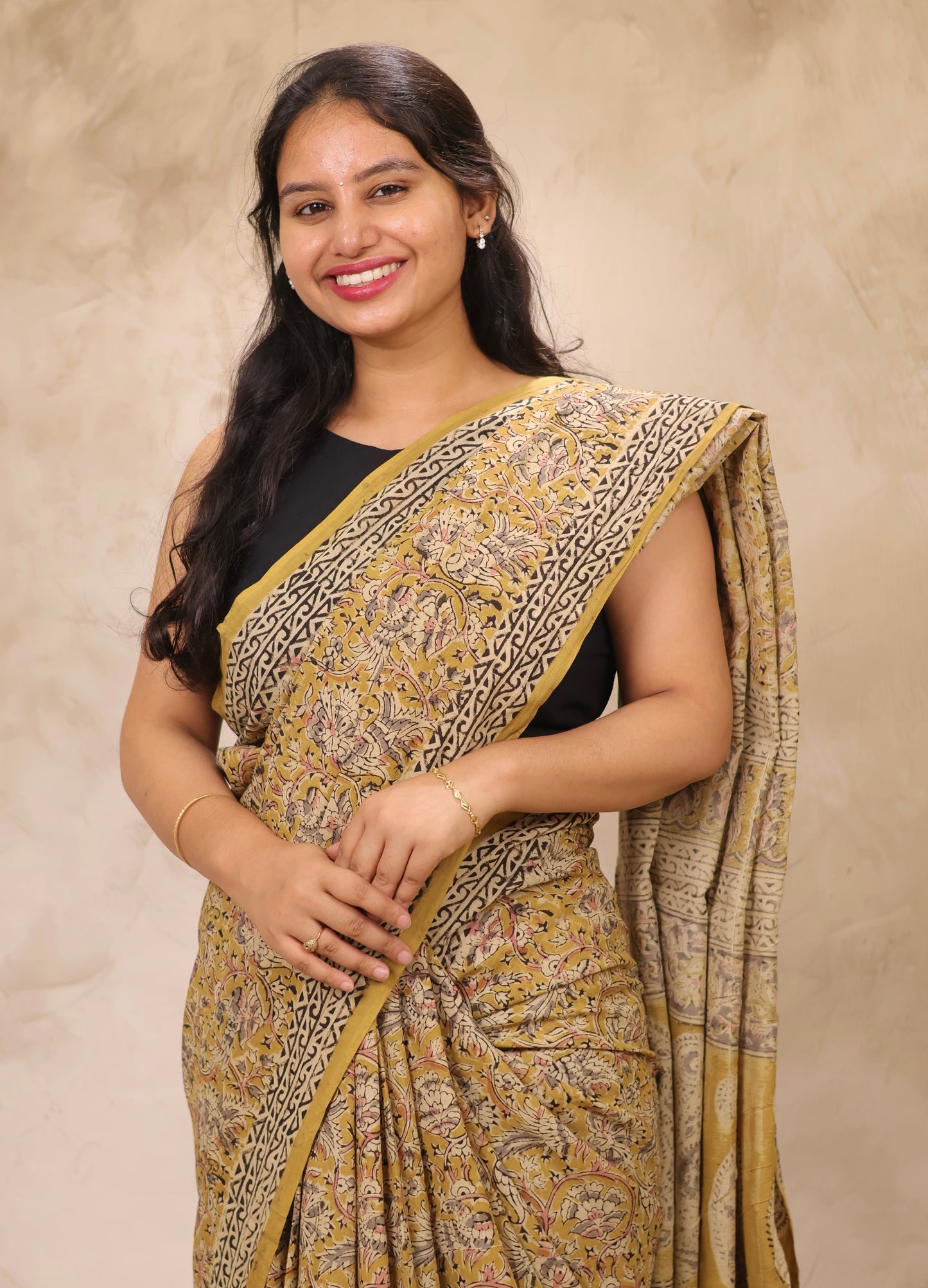 Mustard Hand Block Printed Kalamkari Cotton Saree | Looms & Tassels
