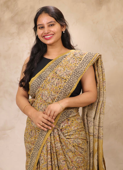 Mustard Hand Block Printed Kalamkari Cotton Saree | Looms & Tassels