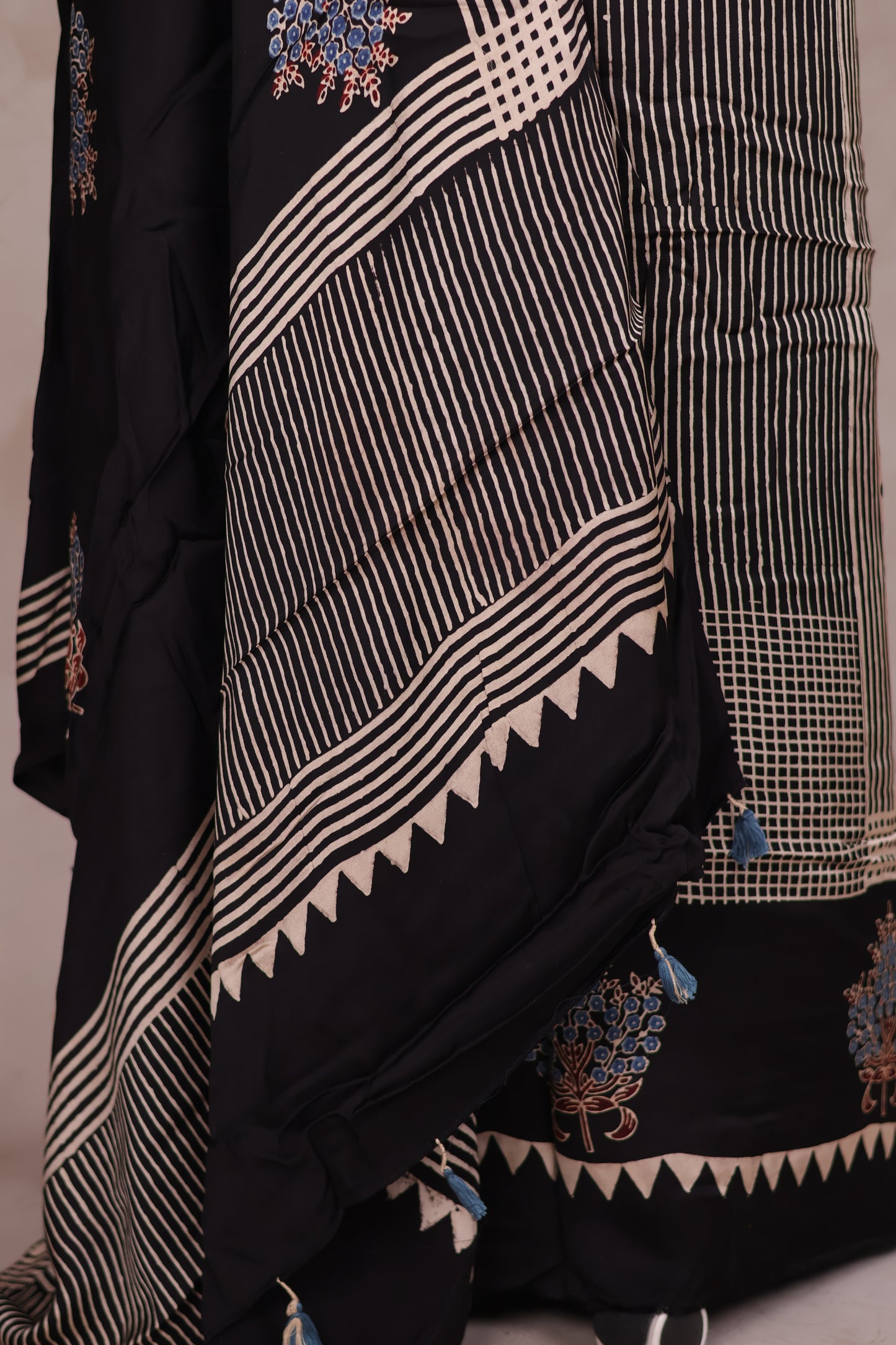 Black Ajrakh Handblock Printed Modal Silk 2 Piece Suit Set | Looms & Tassels