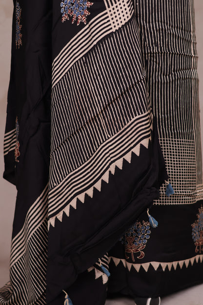 Black Ajrakh Handblock Printed Modal Silk 2 Piece Suit Set | Looms & Tassels