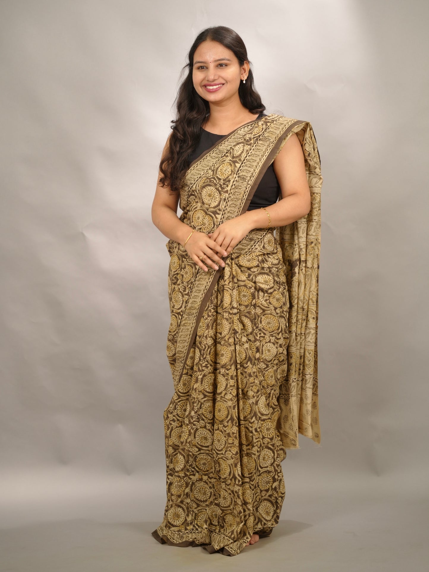 Mehendi Green Hand Block Printed Kalamkari Cotton Saree | Looms & Tassels