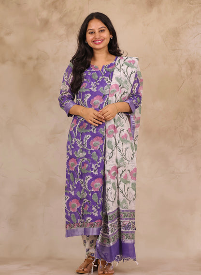 Lavender Linen Cotton Handblock printed 3 piece suit (stitched)