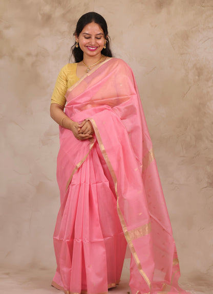 Baby Pink Handloom Maheswari Silk Cotton Sarees | Looms & Tassels