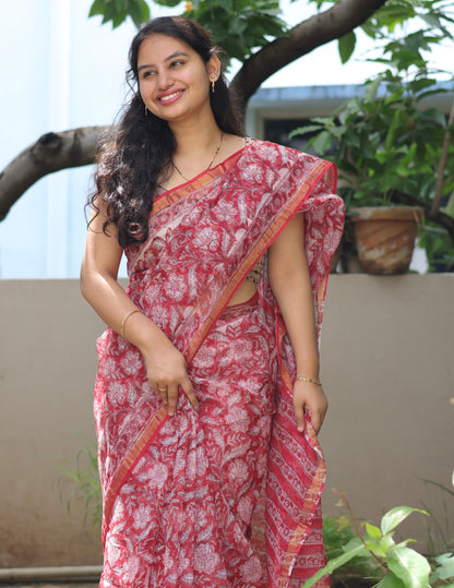 Red Bagru Hand block printed Kota Doriya Saree