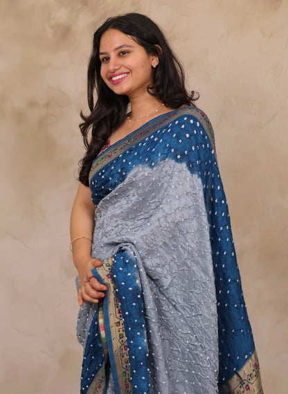 Dual Tone Handcrafted Bandhani Paithani Dola Silk Saree | Looms & Tassels