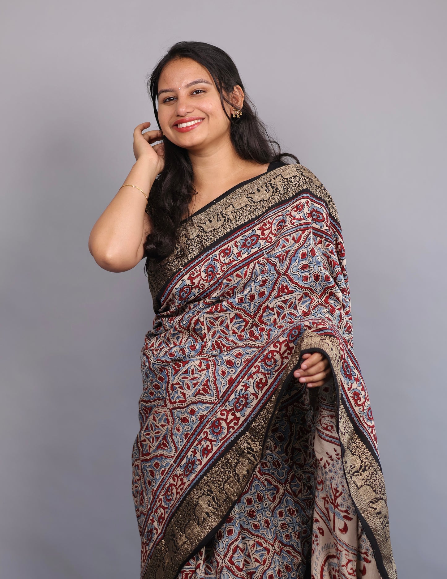 Cream Geometrical & Floral Ajrakh Motifs Handblock printed Dola Silk Saree | Looms & Tassels