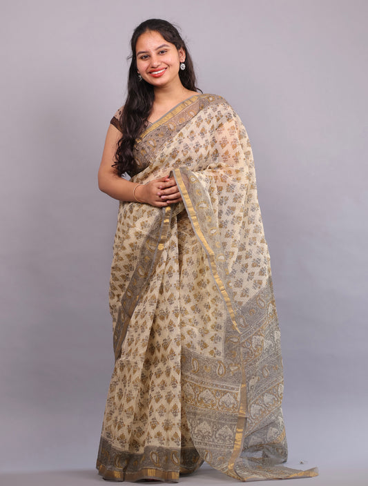 Cream Bagru Hand block printed Kota Doriya Saree