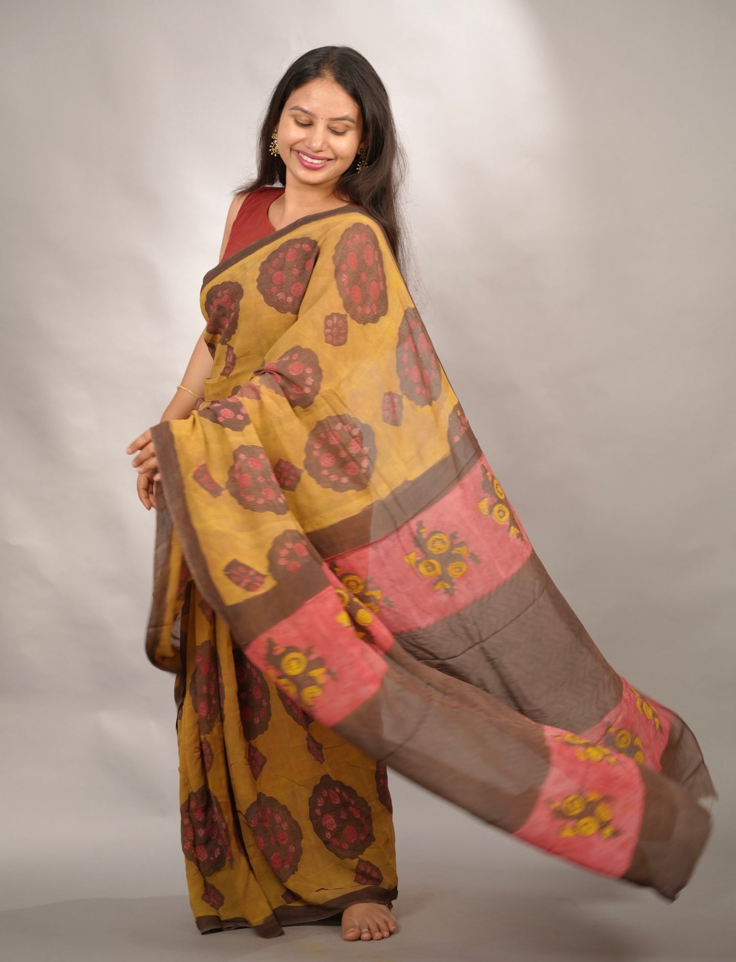 Mustard Georgette Hand Block Printed Saree| Looms & Tassels