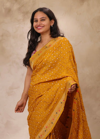 Mustard Handcrafted Bandhani Paithani Dola Silk Saree | Looms & Tassels