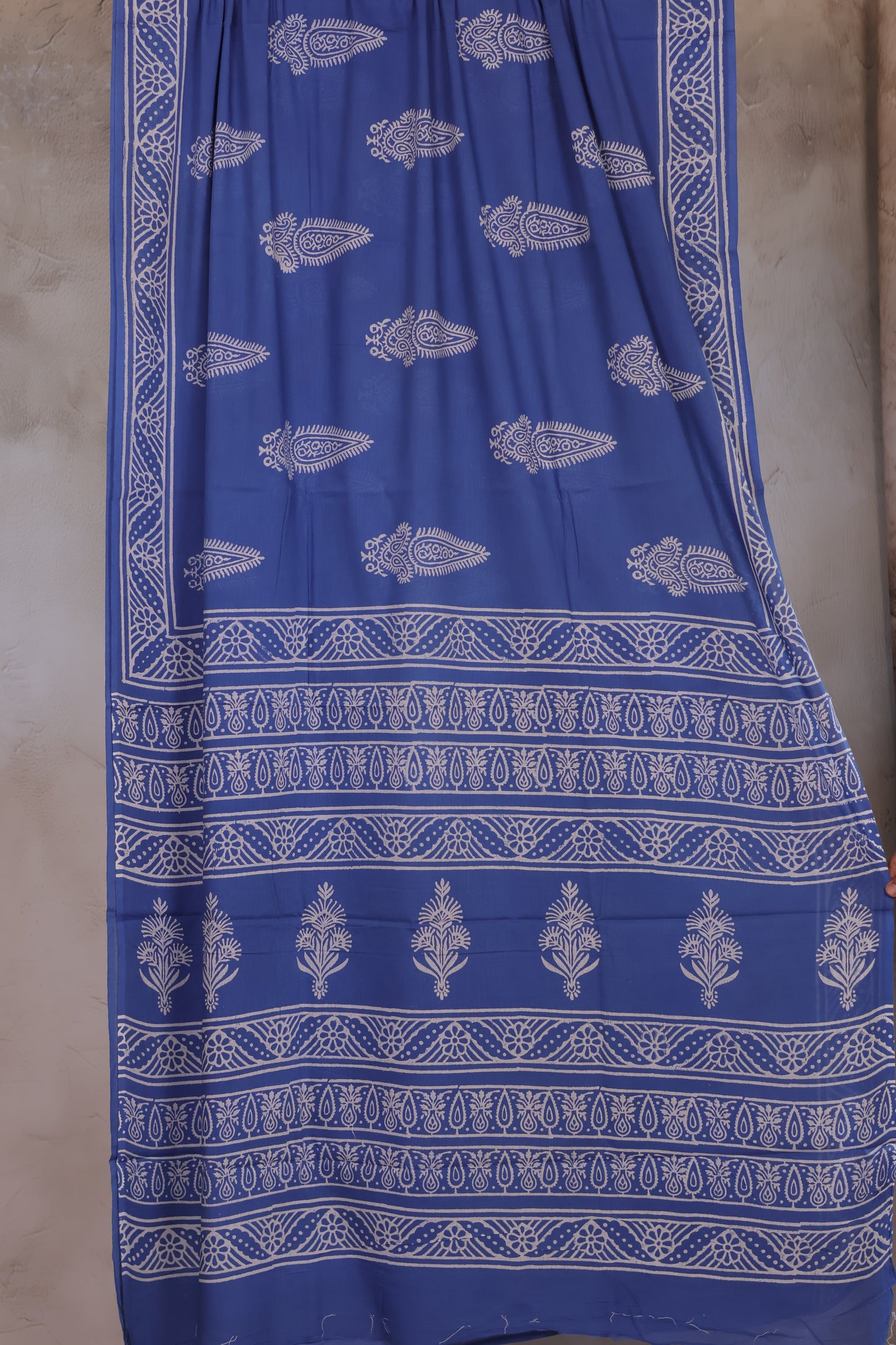 Blue Bagru Handblock printed MulMul cotton saree