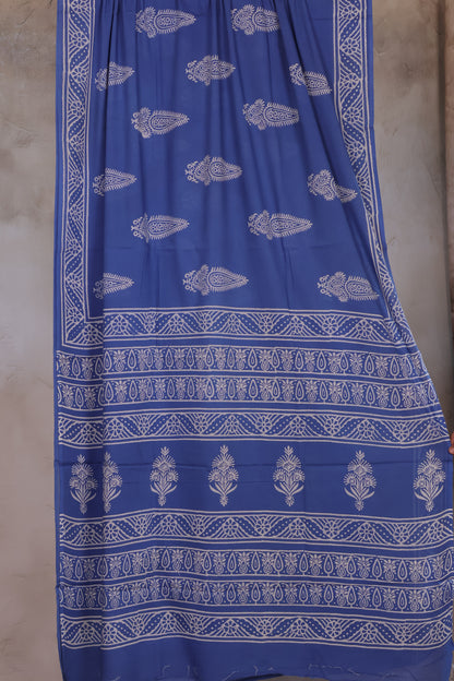 Blue Bagru Handblock printed MulMul cotton saree