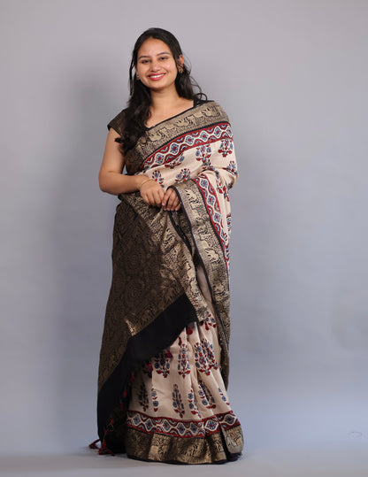 Cream Flower Butta Ajrakh Handblock printed Dola Silk Saree | Looms & Tassels