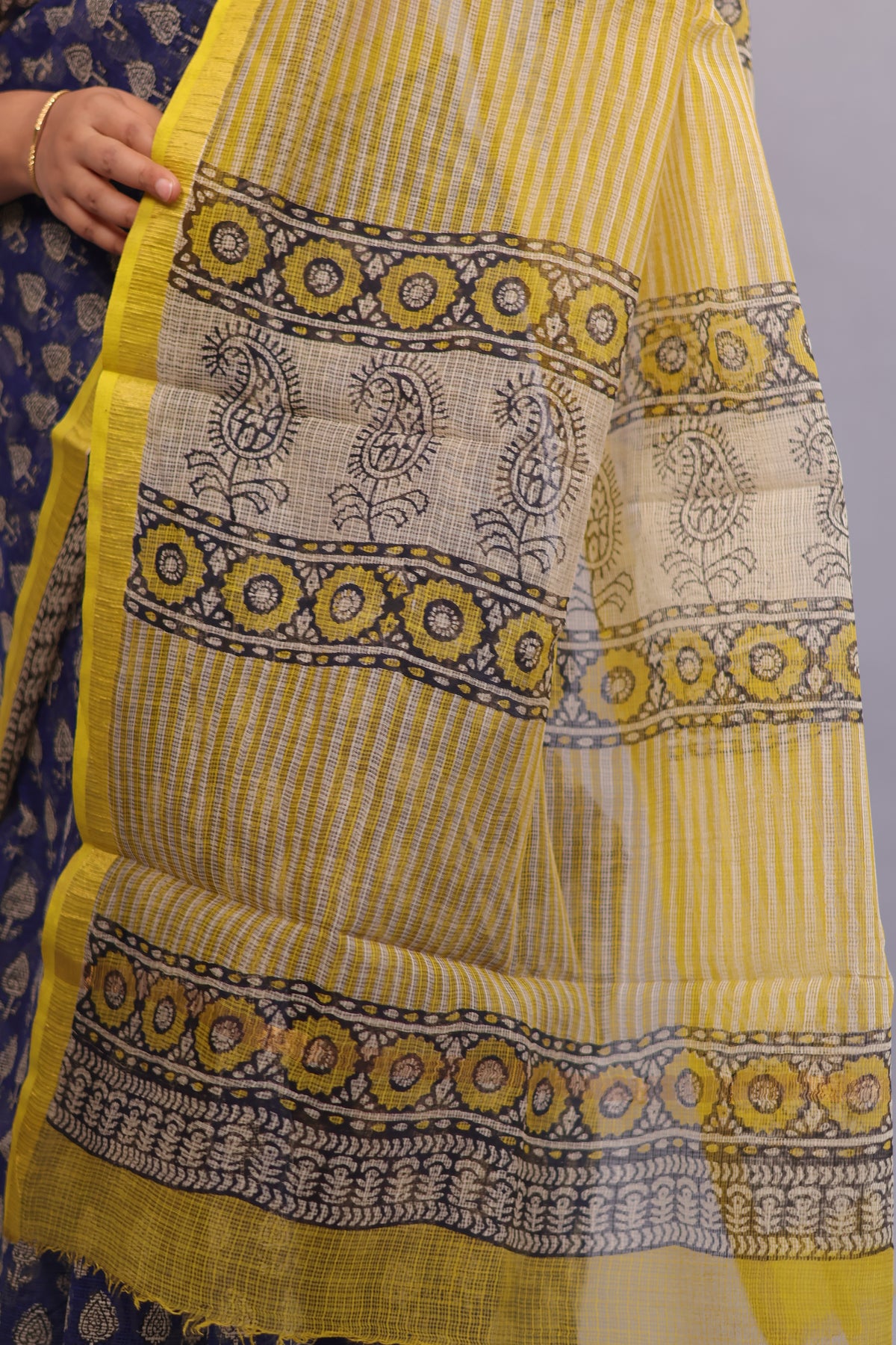 Pure Kota Doria Saree with Bagru Handblock Prints – Blue | Looms&Tassels