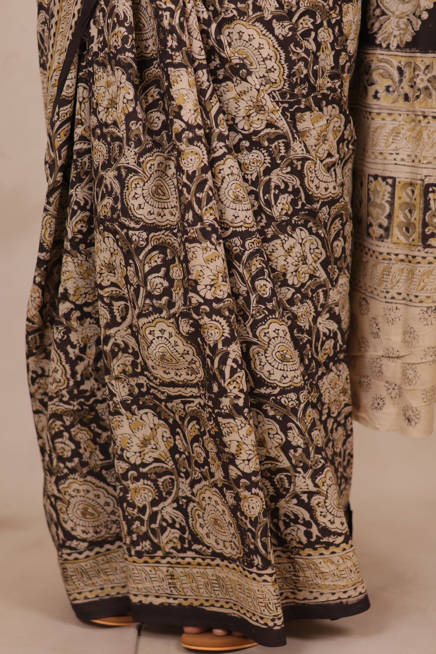 Black Hand Block Printed Kalamkari Cotton Saree | Looms & Tassels