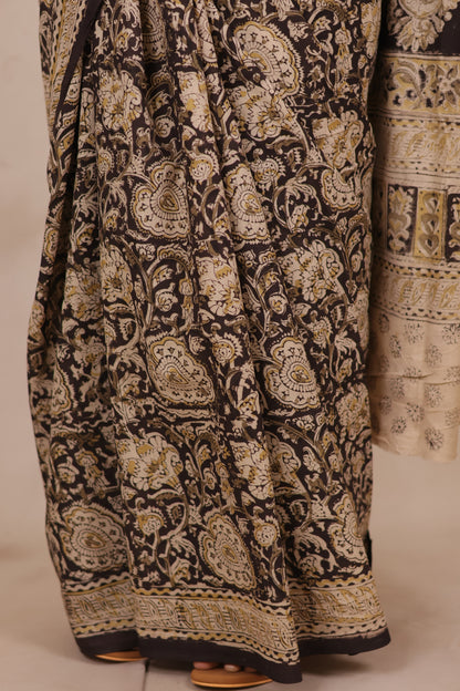 Black Hand Block Printed Kalamkari Cotton Saree | Looms & Tassels