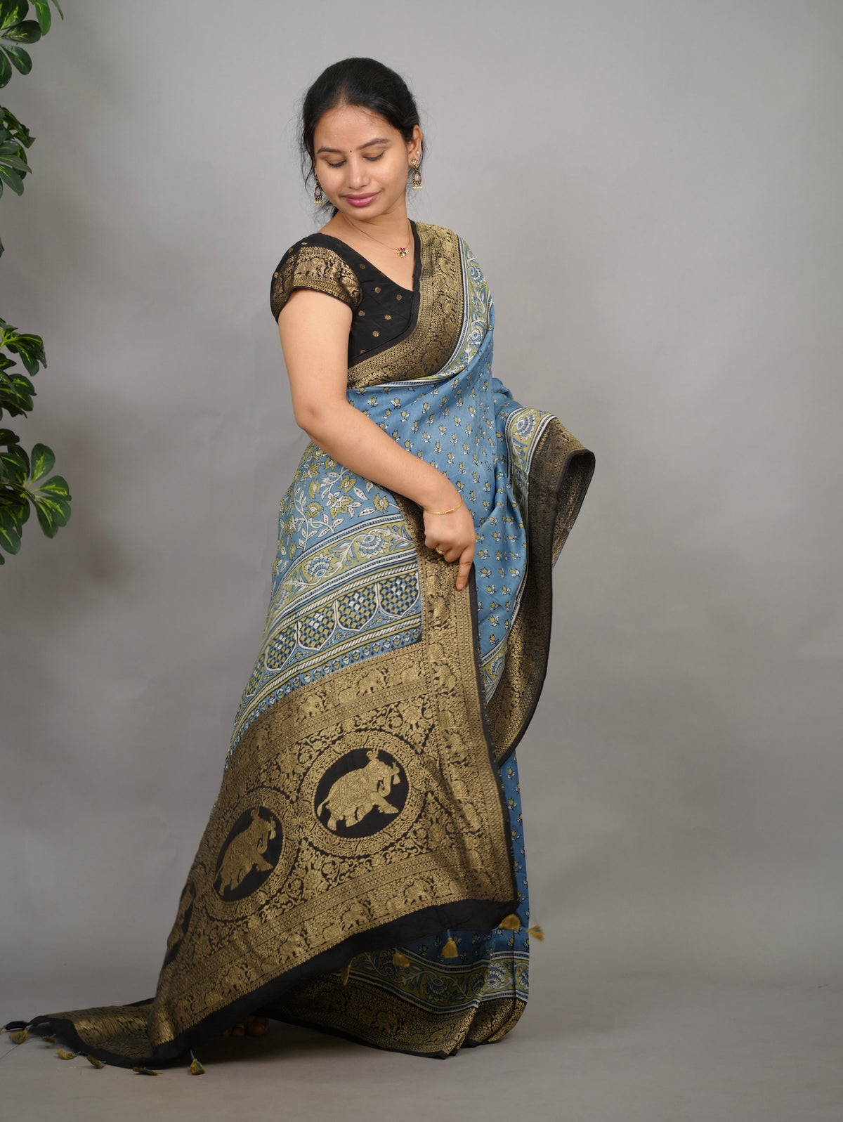 Ajrakh Dola Silk Saree - Blue | Looms & Tassels