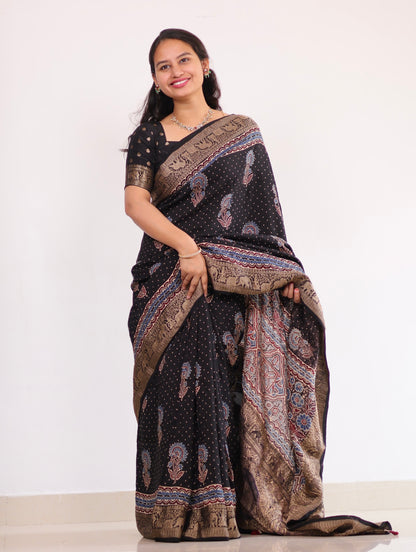 Black Ajrakh Dola Silk Saree