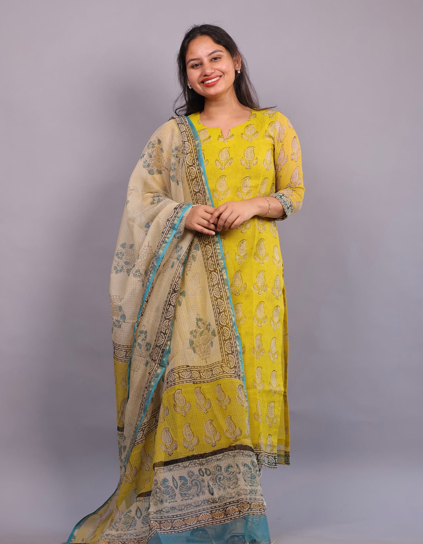 Yellow Handblock printed kota 3 piece suit (stitched)