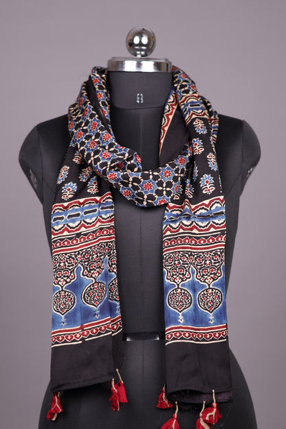 Black Ajrakh Hand Block Printed Modal Silk Stole | Looms & Tassels