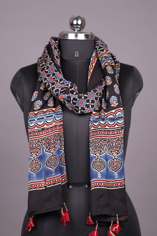 Black Ajrakh Hand Block Printed Modal Silk Stole | Looms & Tassels