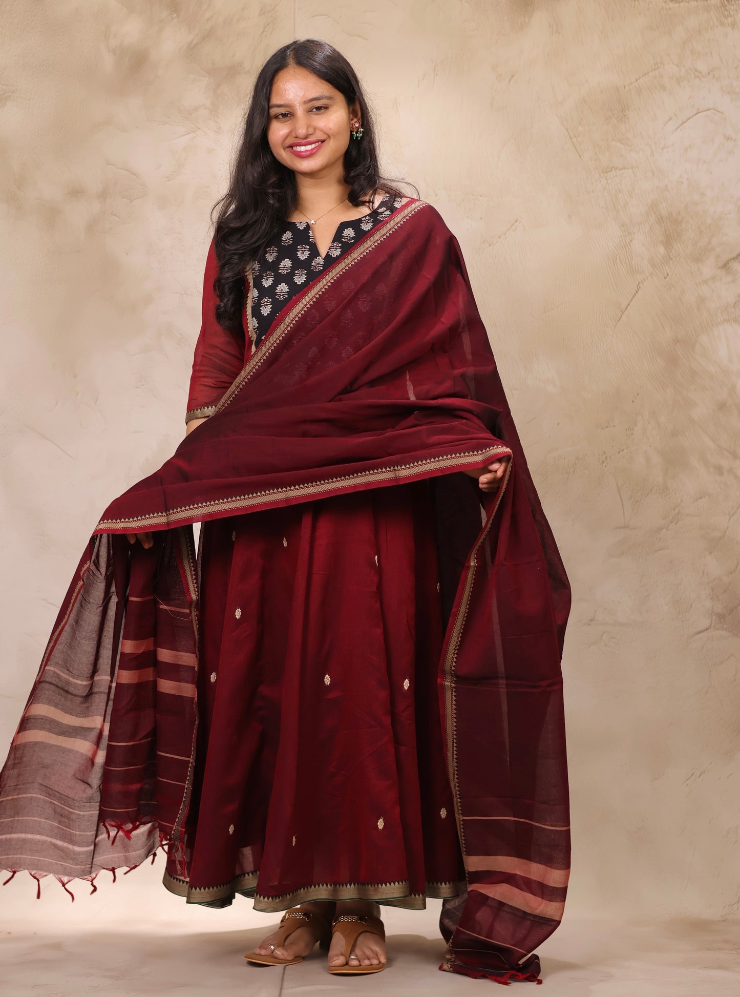 Maroon Ajrakh Patch Work Narayanpet Cotton Anarkali Dress with Narayanpet Dupatta | Looms & Tassels