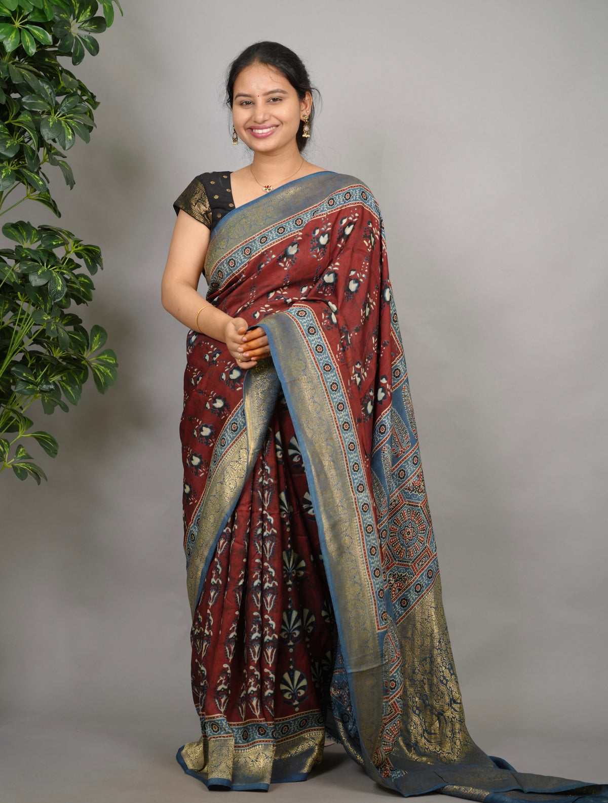 Ajrakh Dola Silk Saree - Brick Red | Looms & Tassels
