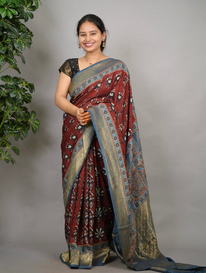 Ajrakh Dola Silk Saree - Brick Red | Looms & Tassels