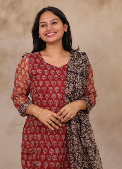 Maroon Handblock printed kota 3 piece suit (stitched)