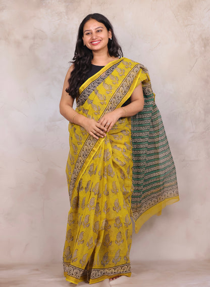 Yellow Pure Kota Doria Saree with Bagru Handblock Prints | Looms & Tassels
