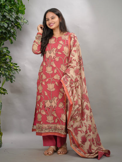 Pink Pichwai Kalamkari Kota Cotton 3 piece suit set (stitched) | Looms & Tassels