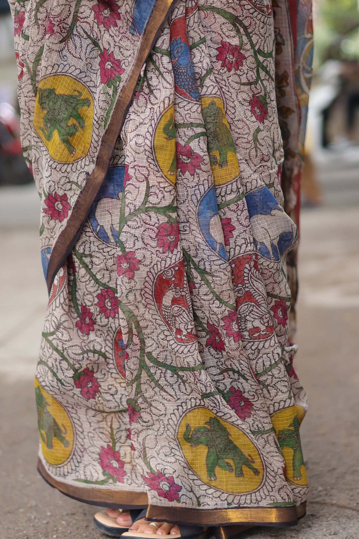 Cream Kalamkari printed Kota Doriya Saree