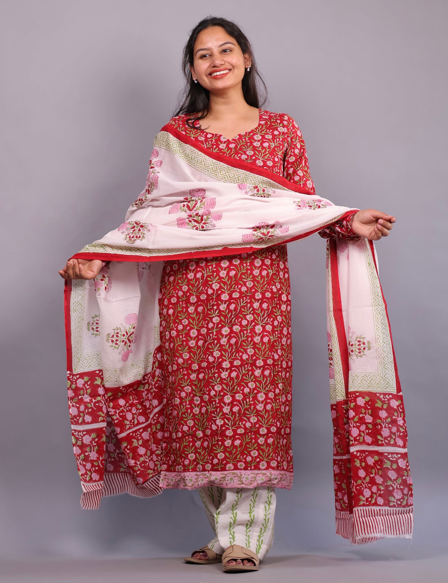 Red Floral Handblock printed Pure Mul Cotton with Mul Cotton Duppata 3 piece suit In Chudi Sleeves (stitched)