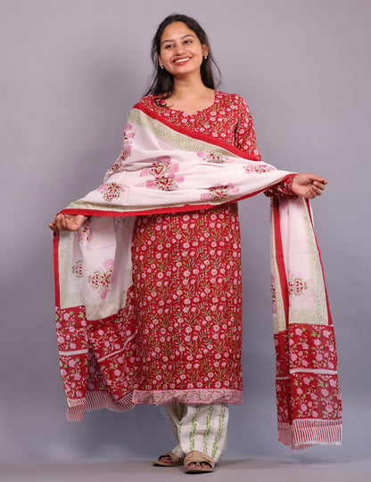Red Floral Handblock printed Pure Mul Cotton with Mul Cotton Duppata 3 piece suit In Chudi Sleeves (stitched)